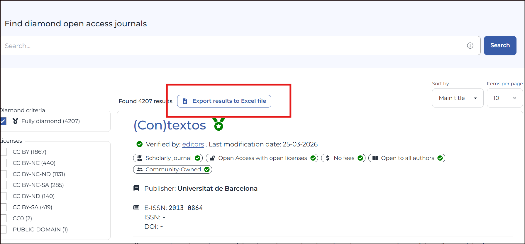 Screenshot from the Diamond Discovery Hub webpage highlighting the export results to excel file option.